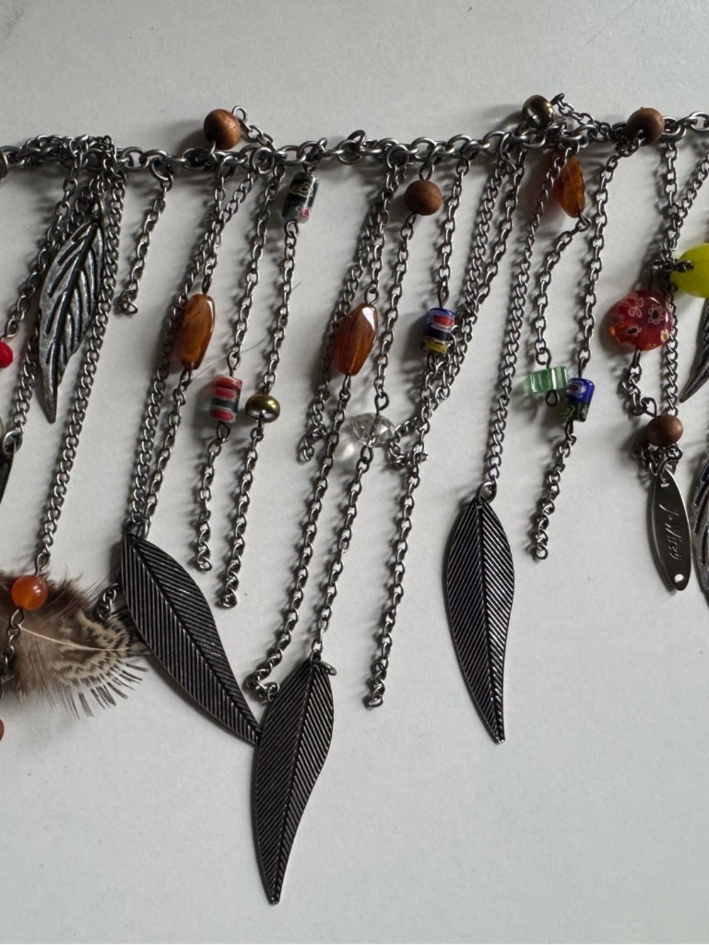 Boho Feather Dangle Charm Necklace - Brown Bead Accents